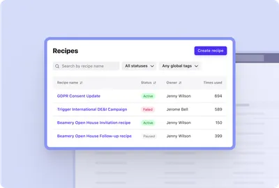 Screenshot of the Beamery showcasing overview of automated tasks to enable Talent Acquisition teams to be more efficient from GDPR consent checks to recruitment event invitations