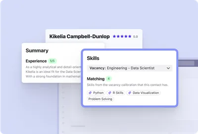 Screenshot of the Beamery Talent CRM product - Candidate profile showing Beamery AI suggested skills matching to vacancy