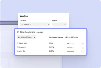 Screenshot of Beamery product - Showcasing estimated salary and hiring difficulty for a vacancy across multiple cities