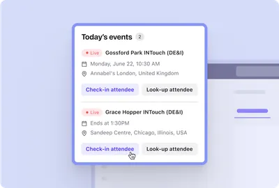 Screenshot of Beamery product - Todays Events listed to easily check in and look up attendees within the platform