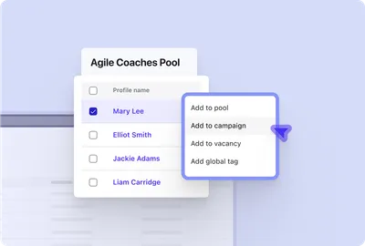 Screenshot of the Beamery Talent CRM - Candidates with a talent pool which can be added to an open job vacancy or campaign for nurturing