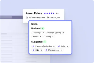 Screenshot of Beamery Talent CRM product - Candidate Profile with Declared and Suggested Skills to increase candidate quality in vacancies