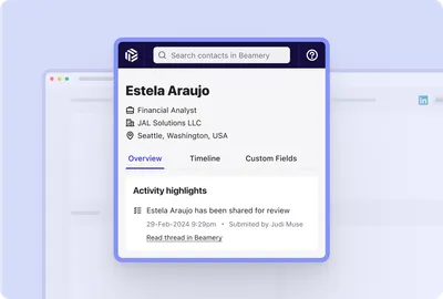 Screenshot - Using Beamery extension with a LinkedIn profile to view profile in Beamery's CRM