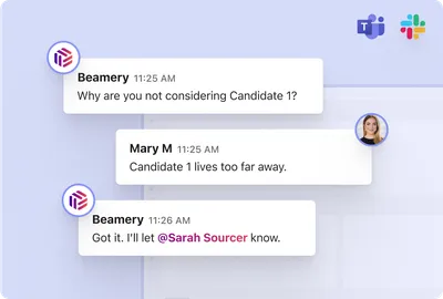 Screenshot of the Beamery product - Beamery messaging hiring managers about candidate next steps within Microsoft Teams or Slack