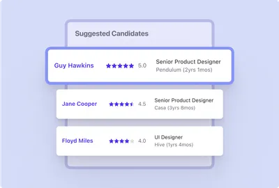 Screenshot of the Beamery Talent CRM product - Beamery suggesting candidates to a job with their AI match score that is broken down by skills, seniority, and previous experience