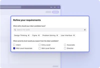 Screenshot of the Beamery Job Design & Calibration product - Refine requirements for vacancy with the right skills and seniority