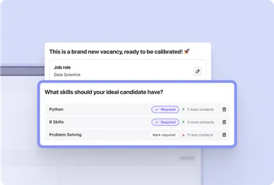 Screenshot of the Beamery product - Calibrating required skills within job vacancy and Beamery identifying how many contacts are available