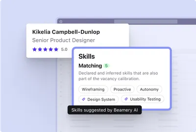 Screenshot of the Beamery Talent CRM - A candidate profile with skills matching to a job vacancy and skills the candidate may have suggested by Beamery AI