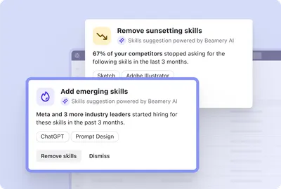 Screenshot of Beamery product showcasing sunsetting and emerging skill trends within job roles and how competitors are hiring