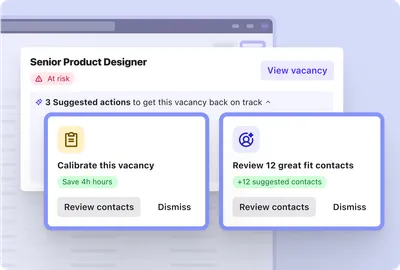 Screenshot of the Beamery Talent CRM product - Beamery showing Vacancy that needs further calibration and to review potential great fit candidates Beamery has identified