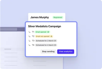 Screenshot of Beamery Talent CRM product - showing campaign nurture email touchpoints on a candidate profile