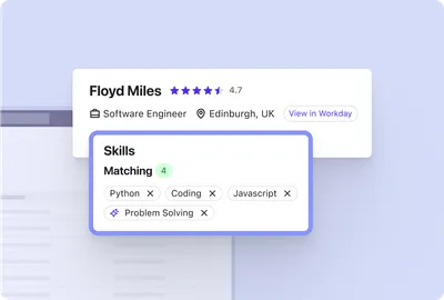 Screenshot of Beamery Talent CRM product - Candidate profile with button to View profile in Workday